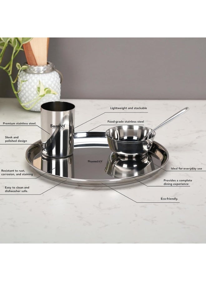 Sumeet Stainless Steel Heavy Gauge Mirror Finish Solid Dinner Set Of 8 Pcs (2 Plate, 2 Bowl/Wati, 2 Glass, 2 Spoon), Silver - Image 4